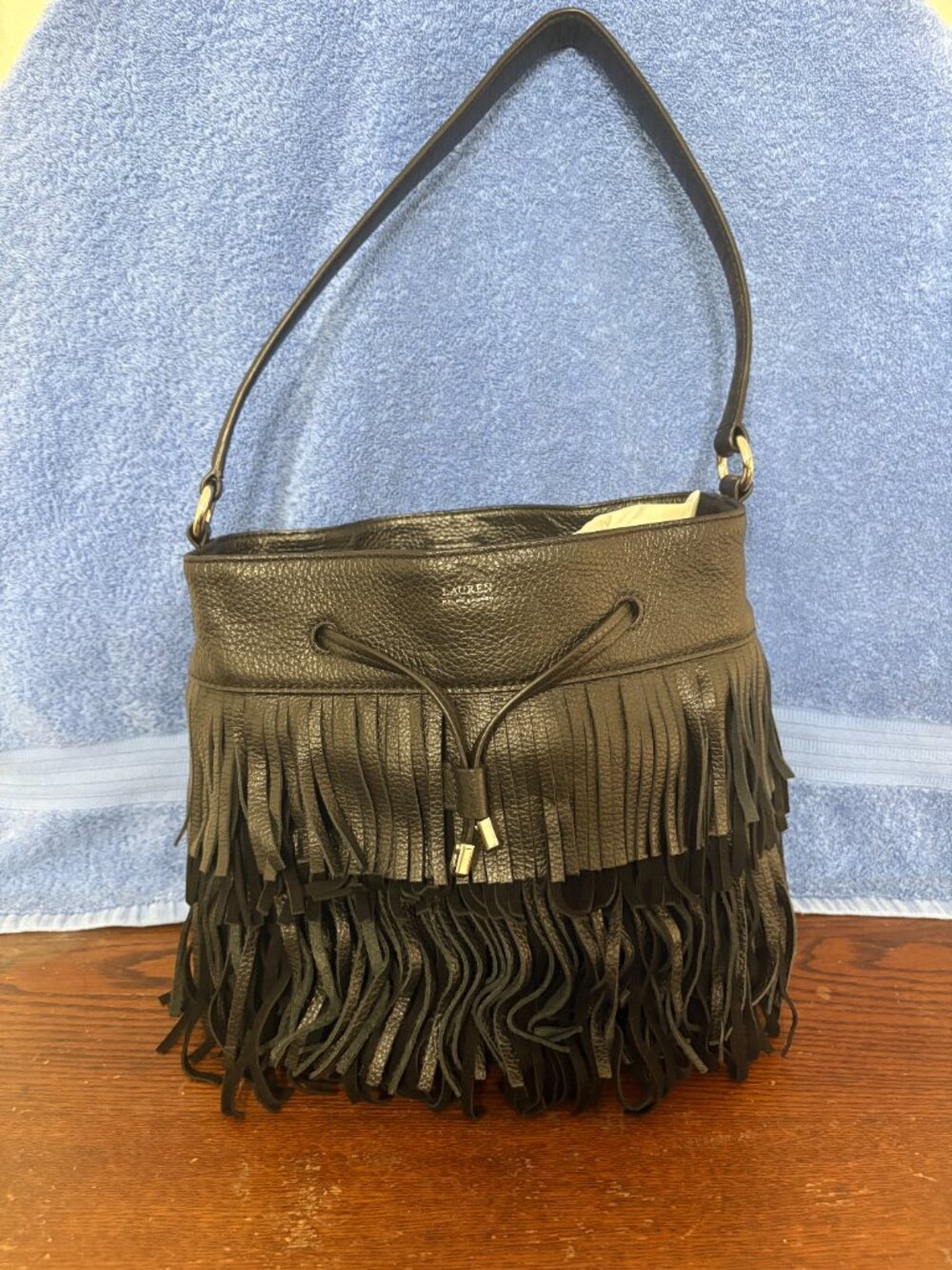 RALPH LAUREN Leather Shoulder Bag Black Fringe